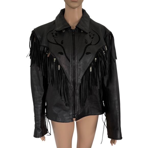 VTG Leather Fringe Rose Jacket Western Biker Boho Rockabilly Cowgirl Rodeo Blck - Picture 1 of 13